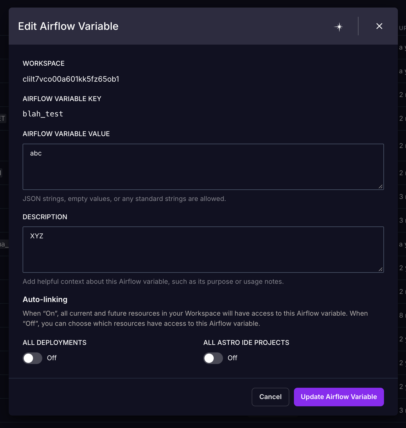 The Edit Airflow Variable dialog showing the Airflow Variable Value field