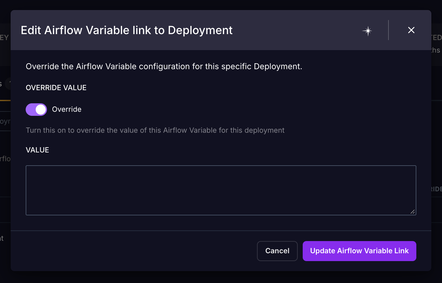 The Edit Airflow Variable link to Deployment dialog showing the override Value field