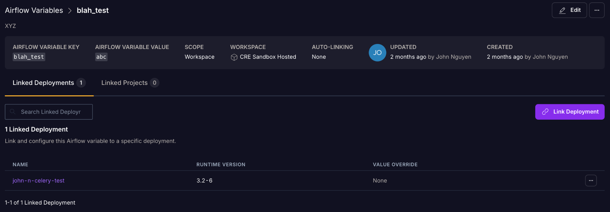 The Airflow variable details page with the Linked Deployments tab selected