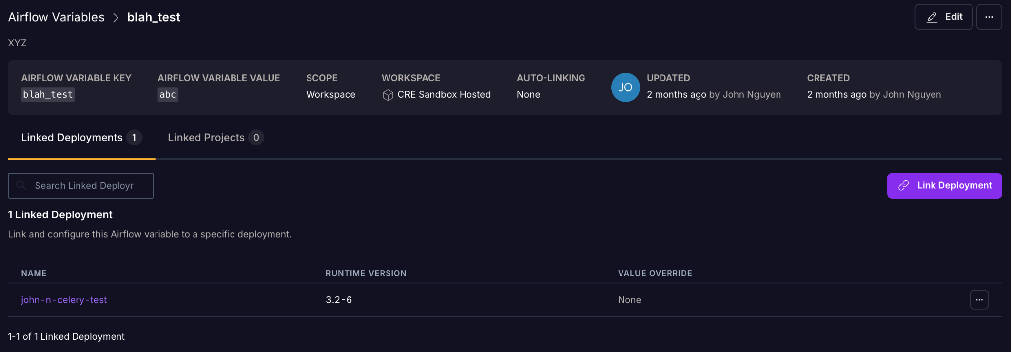 The Airflow variable details page with the Linked Deployments tab selected