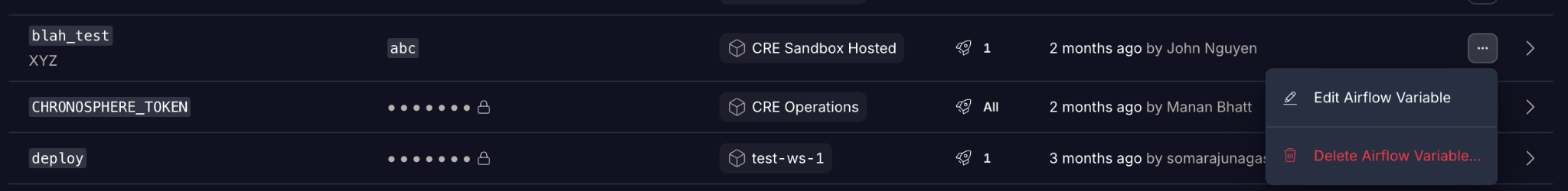 The More actions menu for an Airflow variable with the Edit Airflow Variable option highlighted