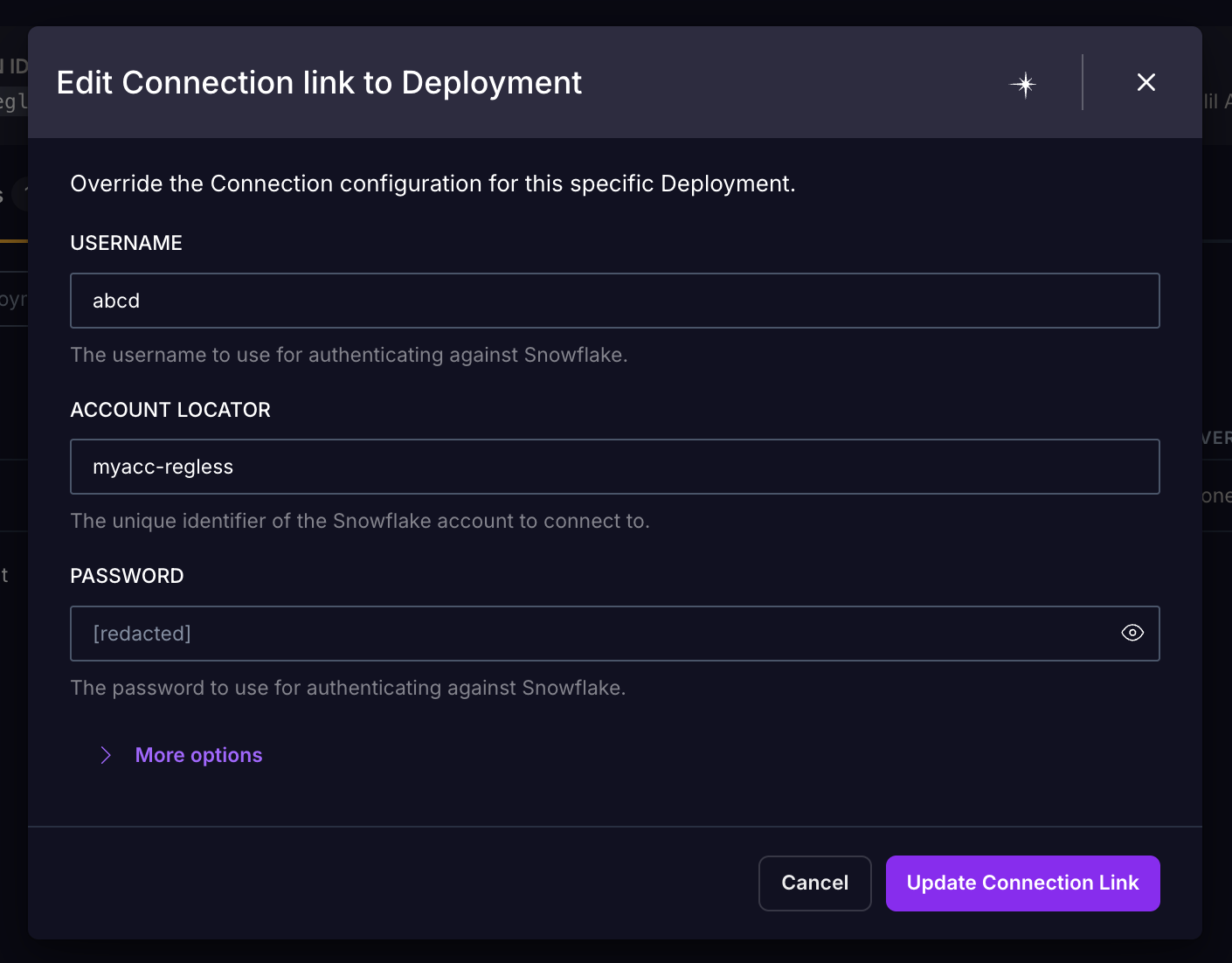 The Edit Connection link to Deployment dialog showing the override fields