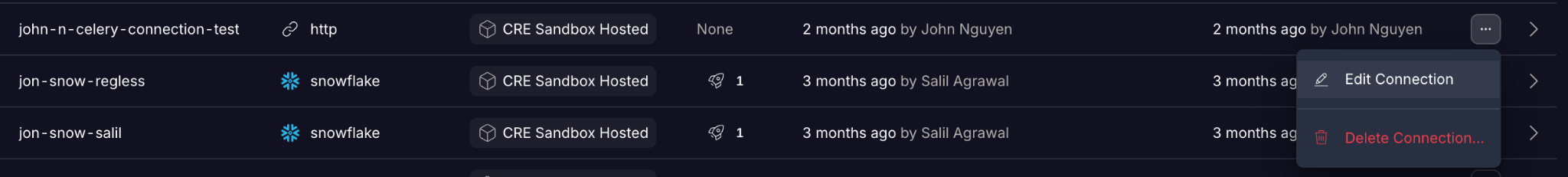 The More actions menu for a connection with the Edit Connection option highlighted