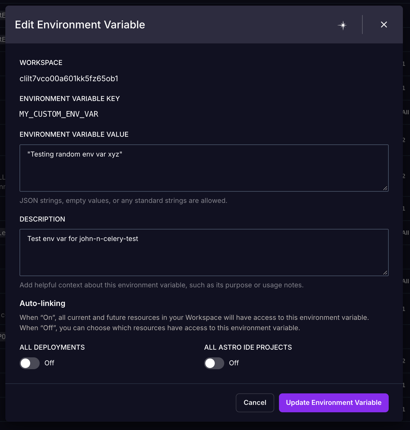 The Edit Environment Variable dialog showing the Environment Variable Value field