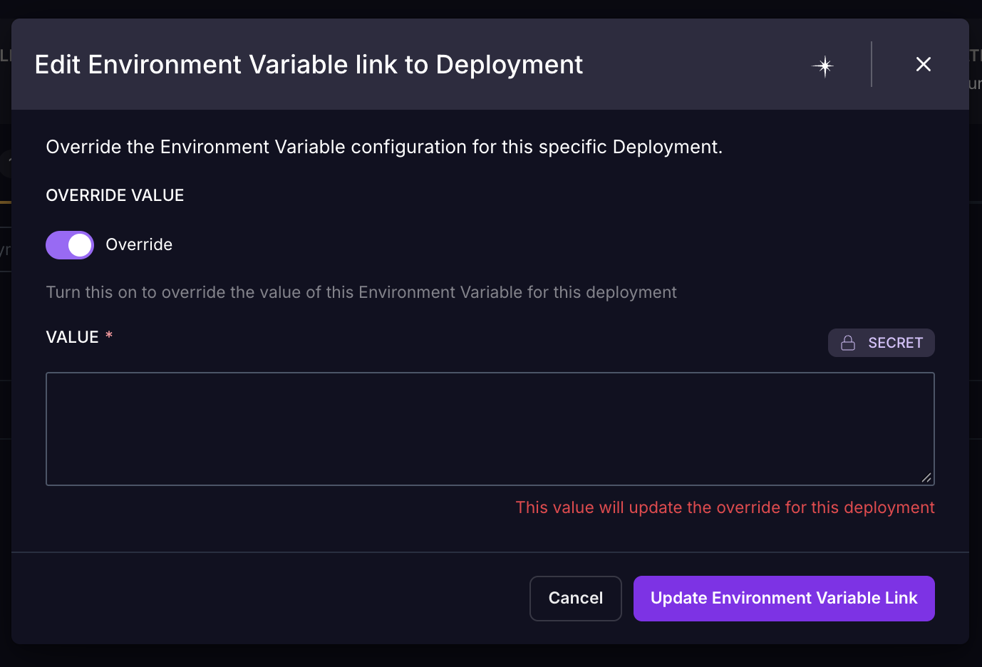 The Edit Environment Variable link to Deployment dialog showing the override Value field