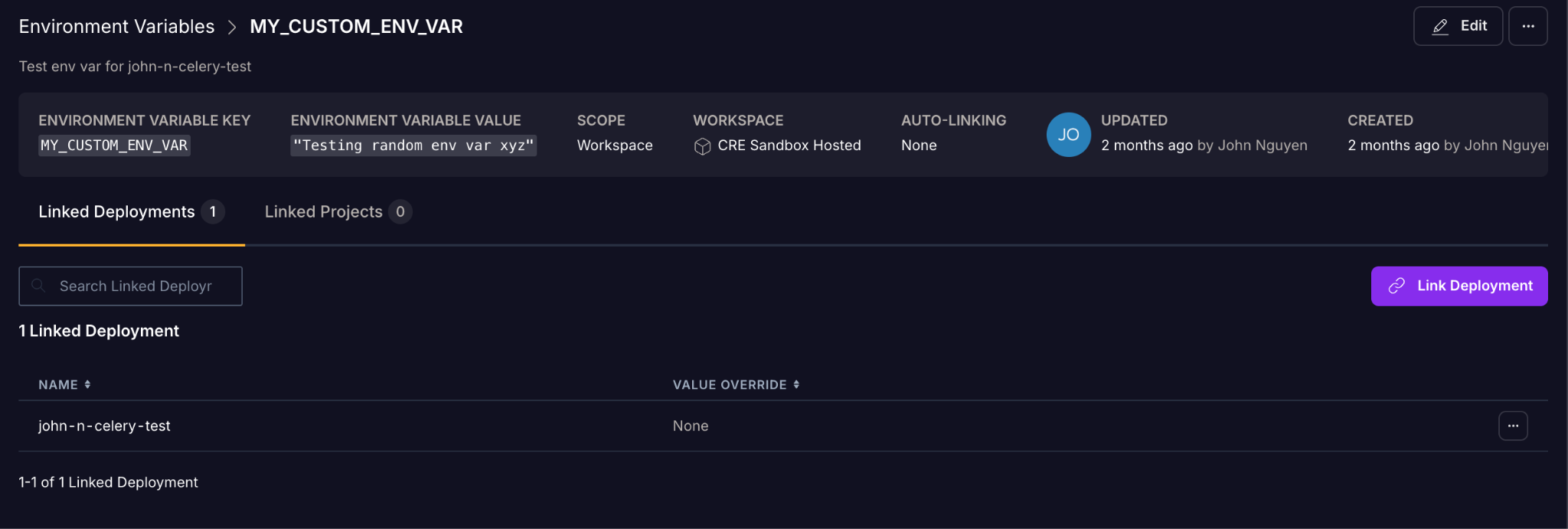 The environment variable details page with the Linked Deployments tab selected