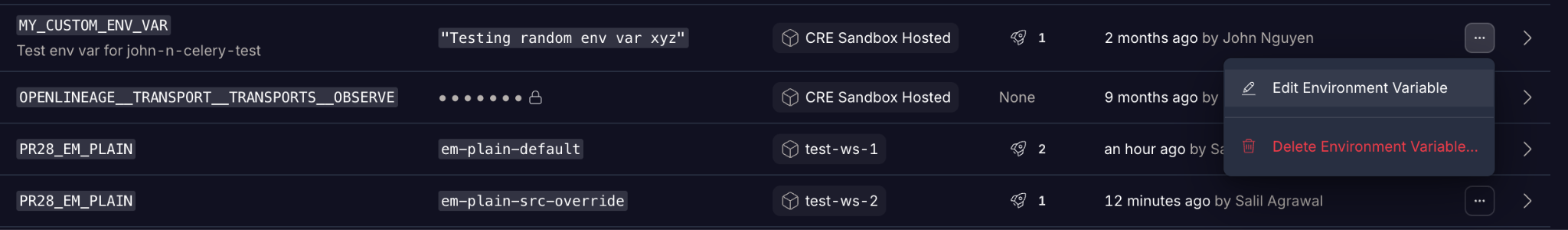 The More actions menu for an environment variable with the Edit Environment Variable option highlighted