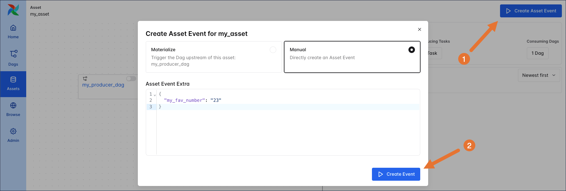 Screenshot of the Airflow UI showing manual updates to an asset.