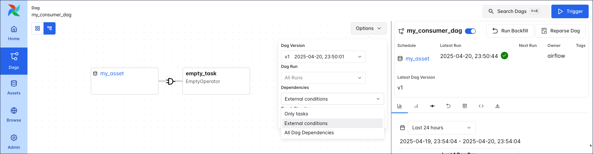 Screenshot of a Dag Graph showing my_producer_task connected to the my_asset asset.