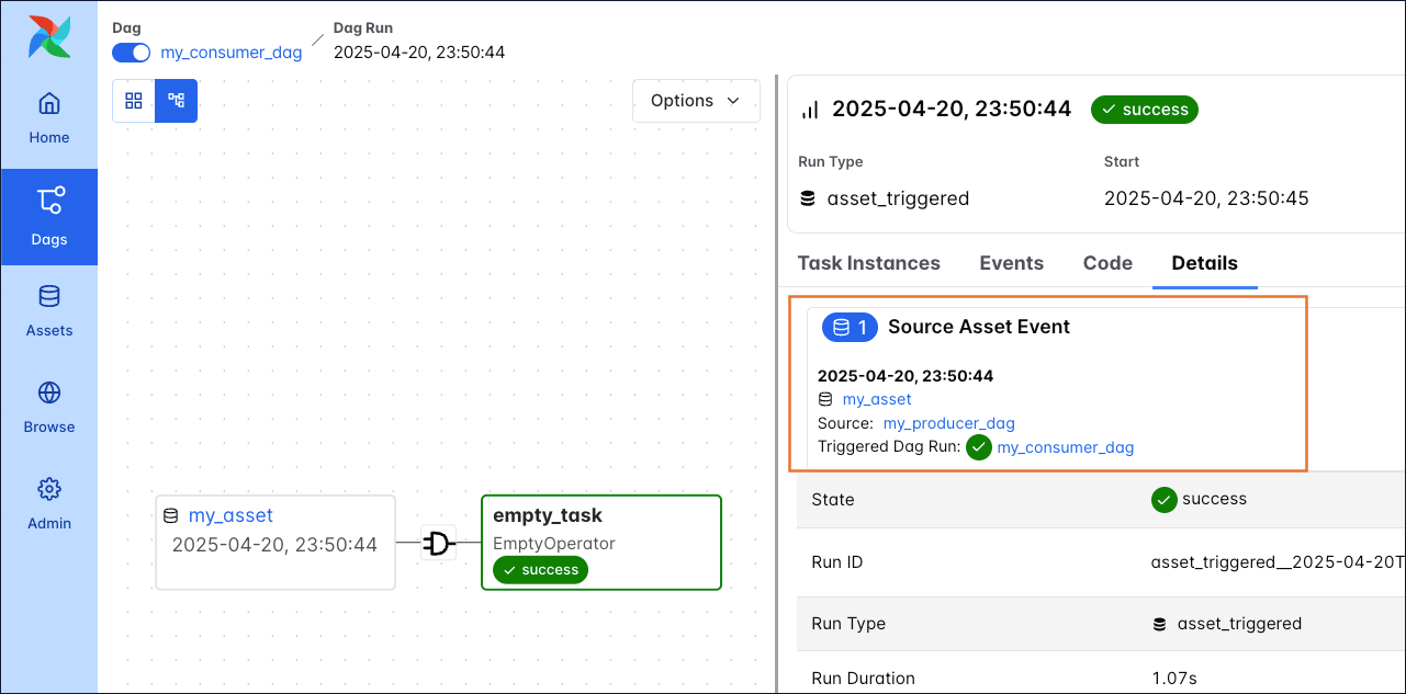 Screenshot of the Details tab of the Dag run of the my_consumer_dag showing one Asset event of the my_asset