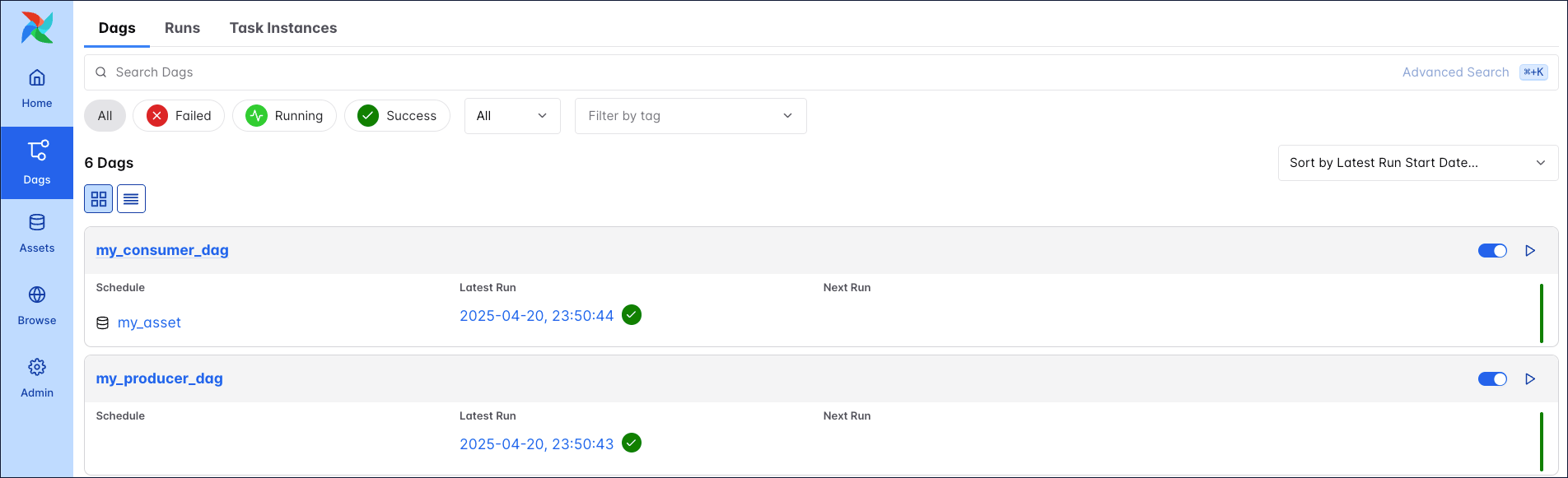 Screenshot Dags page with one run each of the my_producer_dag and my_consumer_dag as well as the asset schedule displayed