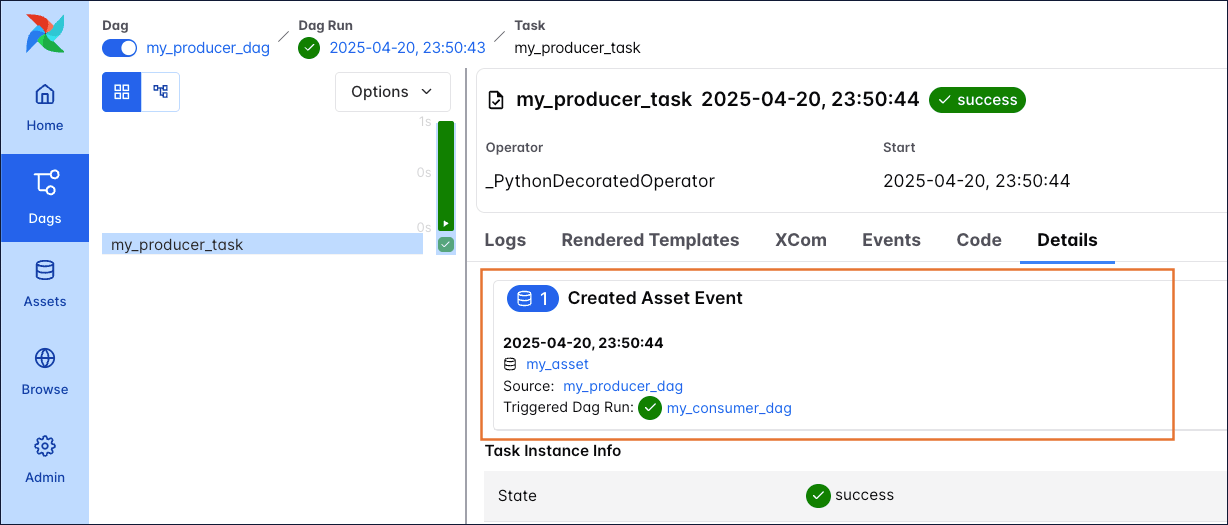 Screenshot of the Details tab of the my_producer_task showing one Asset event of the my_asset with one Triggered Dag Run