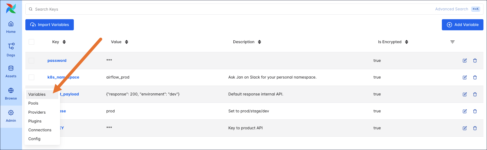 Variables in the Airflow UI