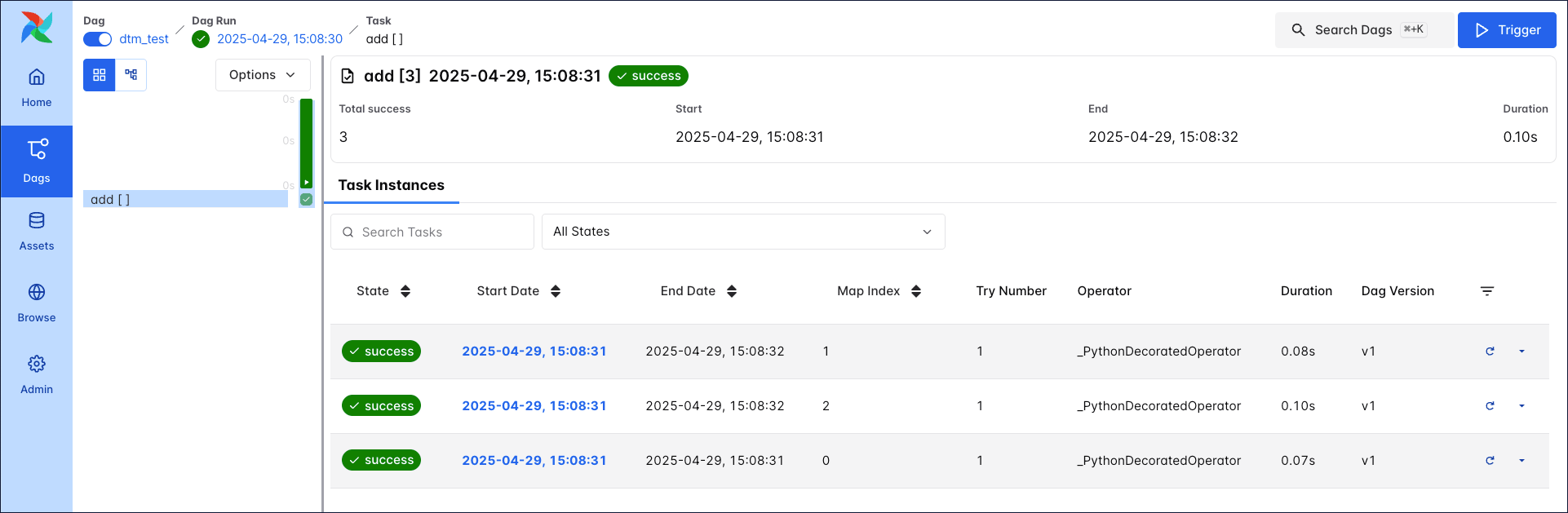 Screenshot of the Airflow UI showing three dynamically mapped task instances created with the code snippets above.