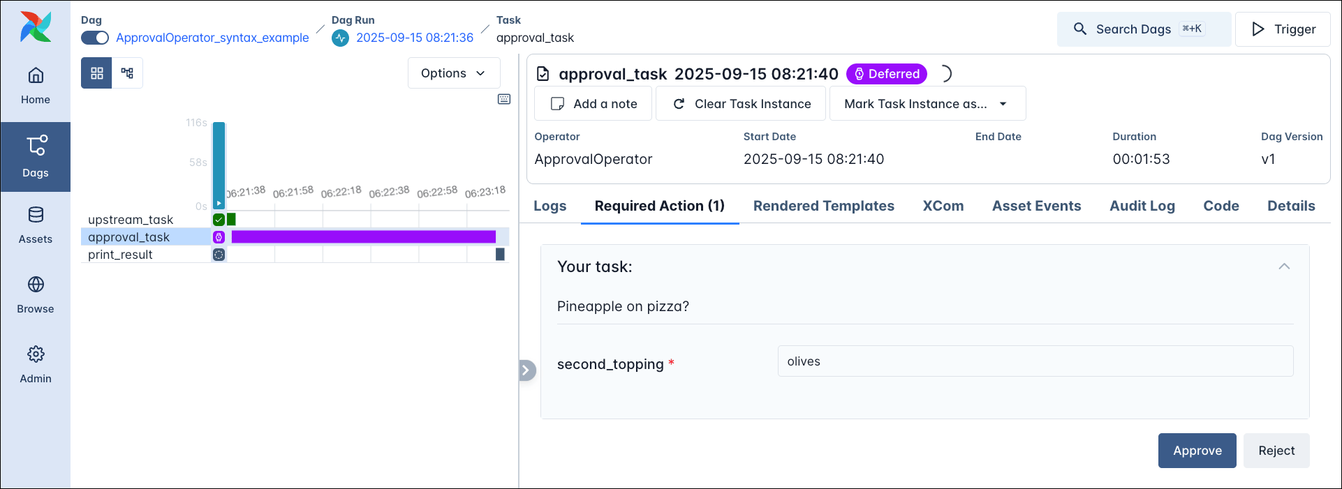 Screenshot of the Airflow UI showing the ApprovalOperator task instance page with the Required Actions tab open.