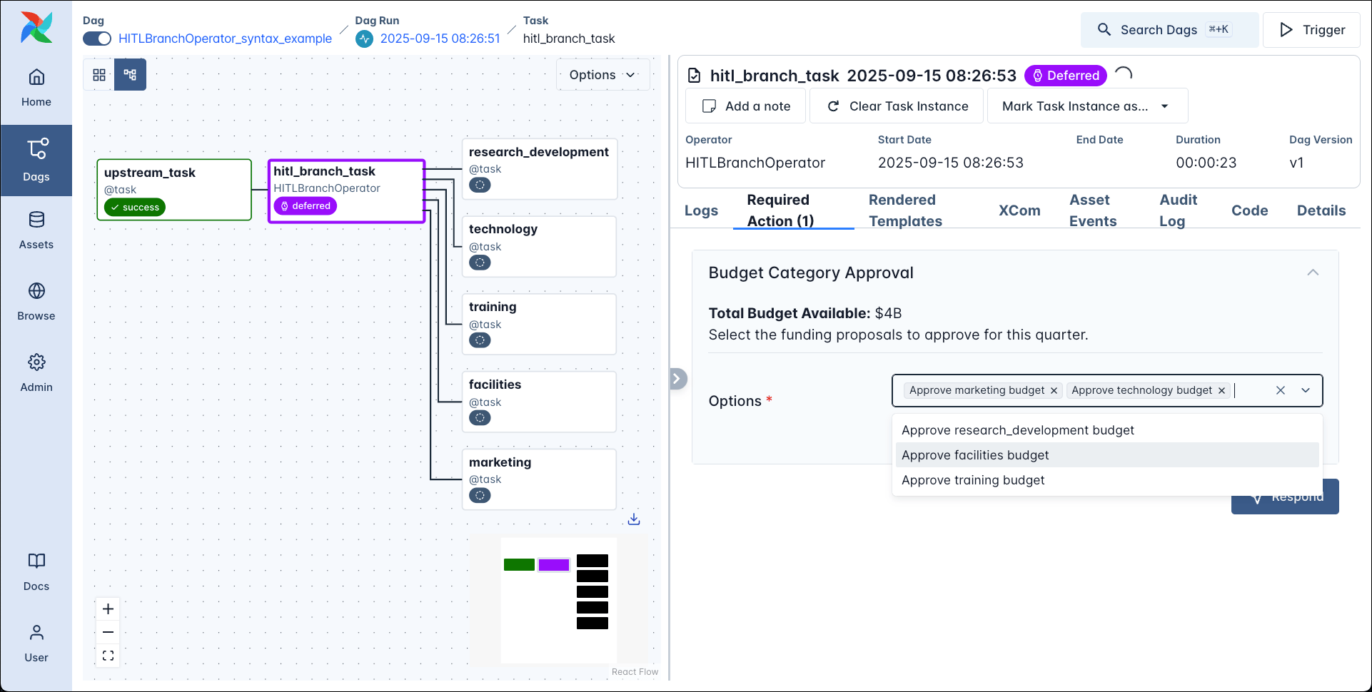 Screenshot of the Airflow UI showing the HITLBranchOperator task instance page with the Required Actions tab open.