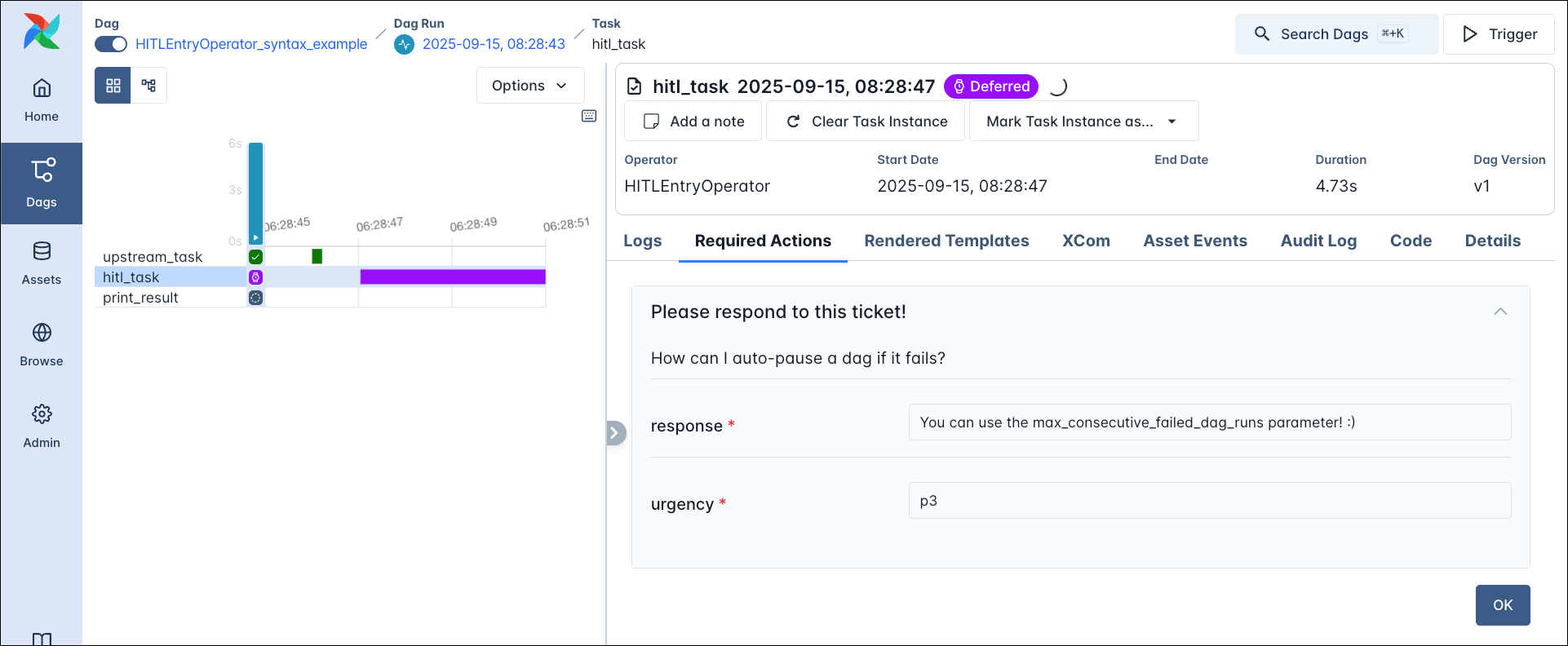 Screenshot of the Airflow UI showing the HITLEntryOperator task instance page with the Required Actions tab open.