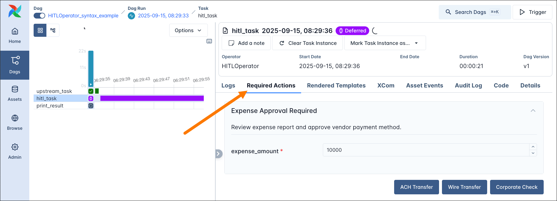 Screenshot of the Airflow UI showing the HITLOperator task instance page with the Required Actions tab open.