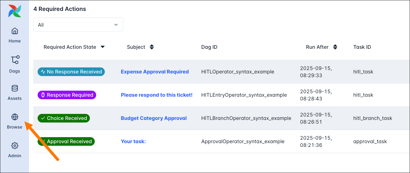 Screenshot of the Airflow UI showing the list of Required Actions under Browse -> Required Actions.