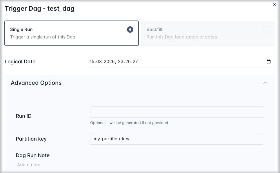 Screenshot of the Airflow UI showing the Trigger Dag run config with the partition key input field.