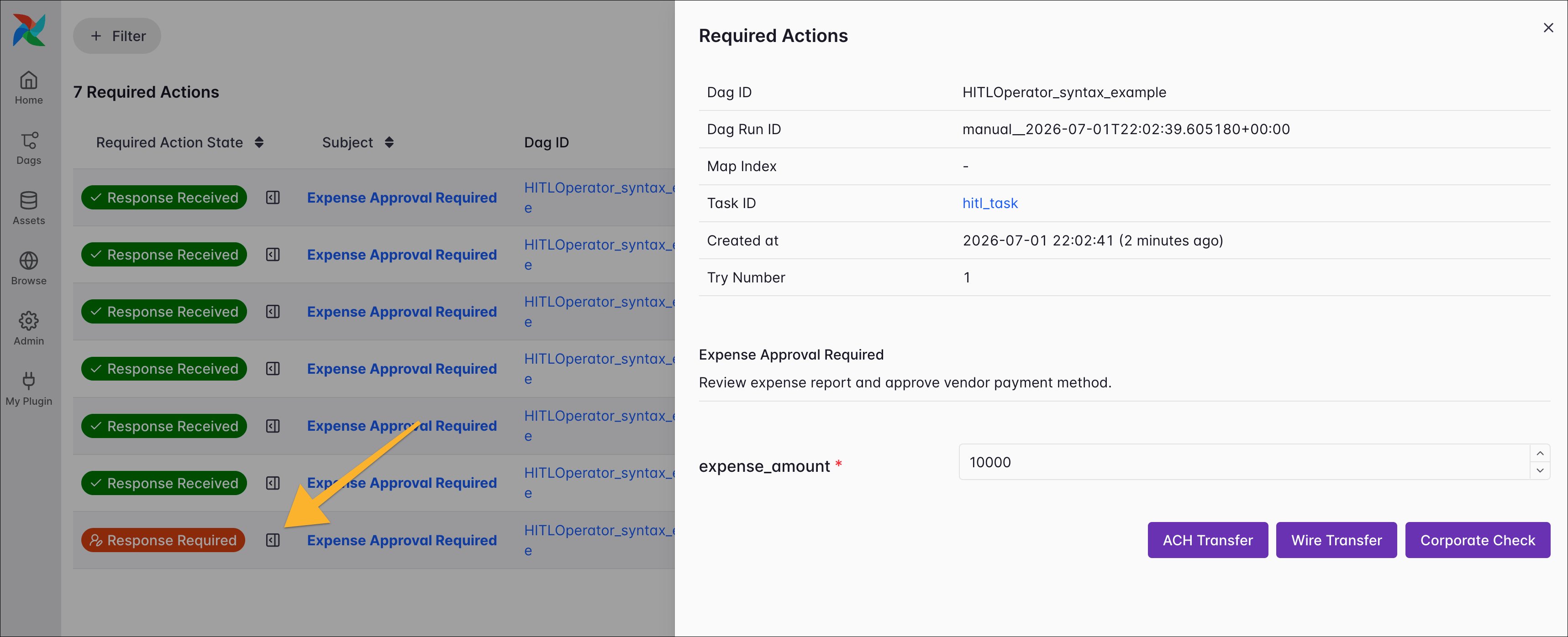 The Airflow UI Required Actions list with a slide-out panel showing a required action's details and response form.