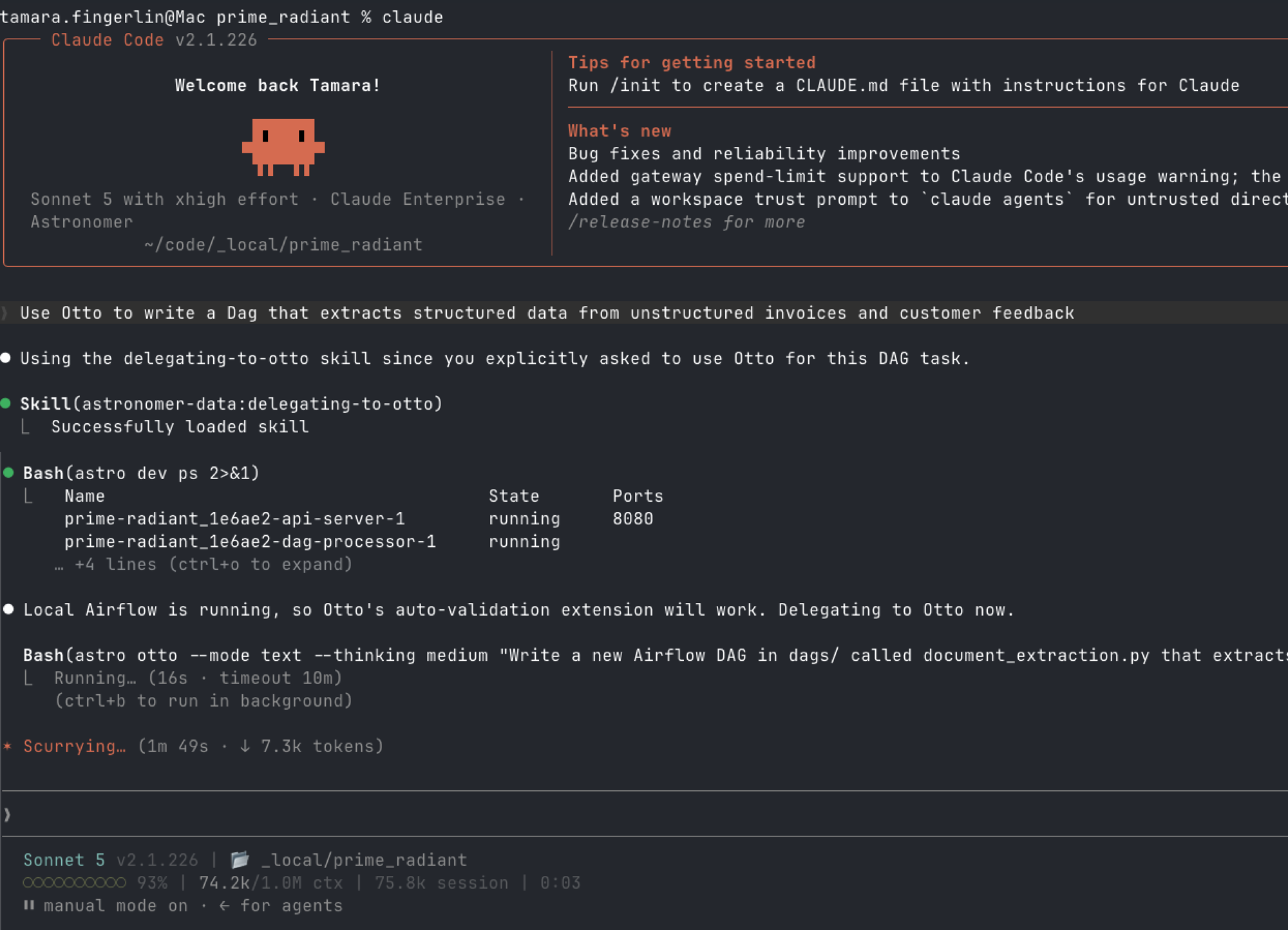Claude Code loading the delegating-to-otto skill after being asked to use Otto to write a Dag that extracts structured data from unstructured invoices and customer feedback, checking that local Airflow is running, then delegating the task to astro otto.