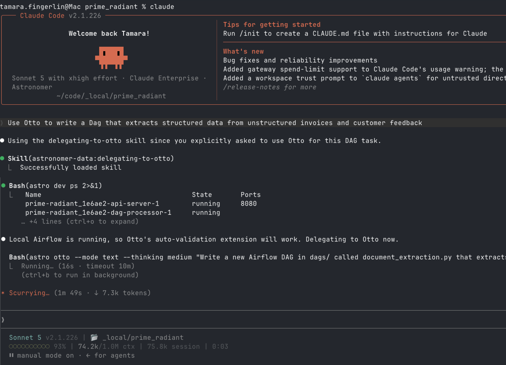 Claude Code loading the delegating-to-otto skill after being asked to use Otto to write a Dag that extracts structured data from unstructured invoices and customer feedback, checking that local Airflow is running, then delegating the task to astro otto.