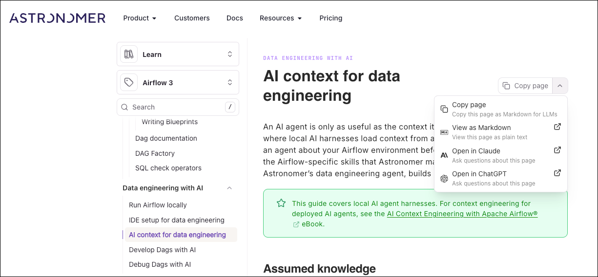 The Copy page menu on an Astronomer documentation page, with options to copy the page as Markdown for LLMs, view it as plain text, or open it in Claude or ChatGPT.