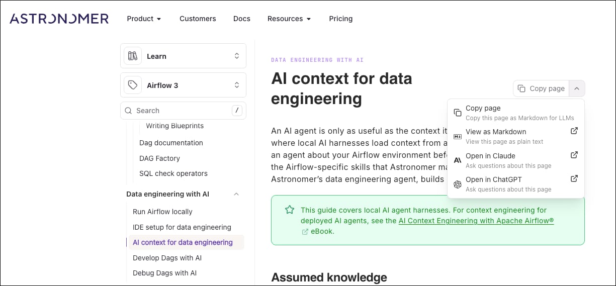 The Copy page menu on an Astronomer documentation page, with options to copy the page as Markdown for LLMs, view it as plain text, or open it in Claude or ChatGPT.