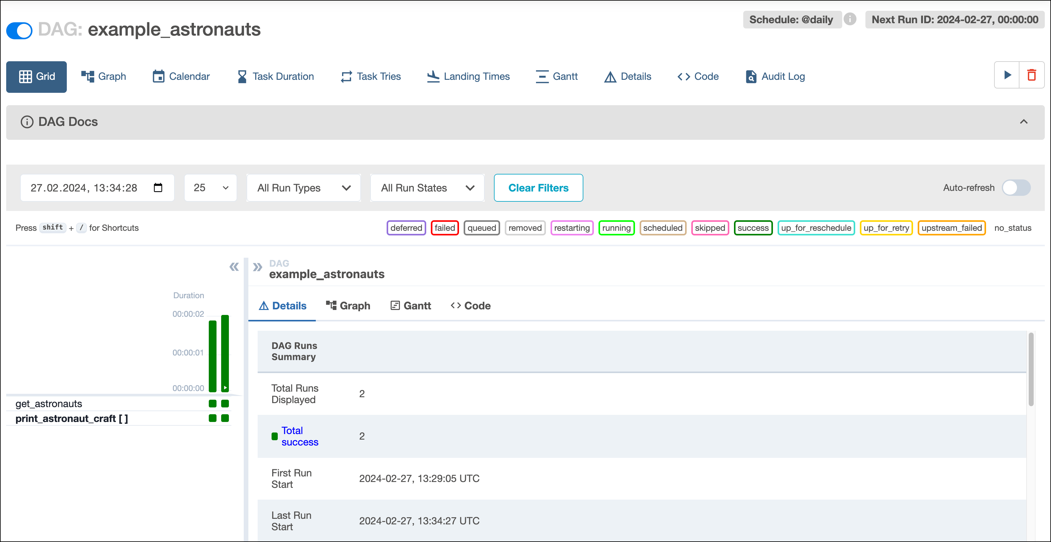 Detailed view of the Dag run outcome.