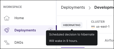 A Deployment with a Hibernating status on the Deployments page of the Astro UI