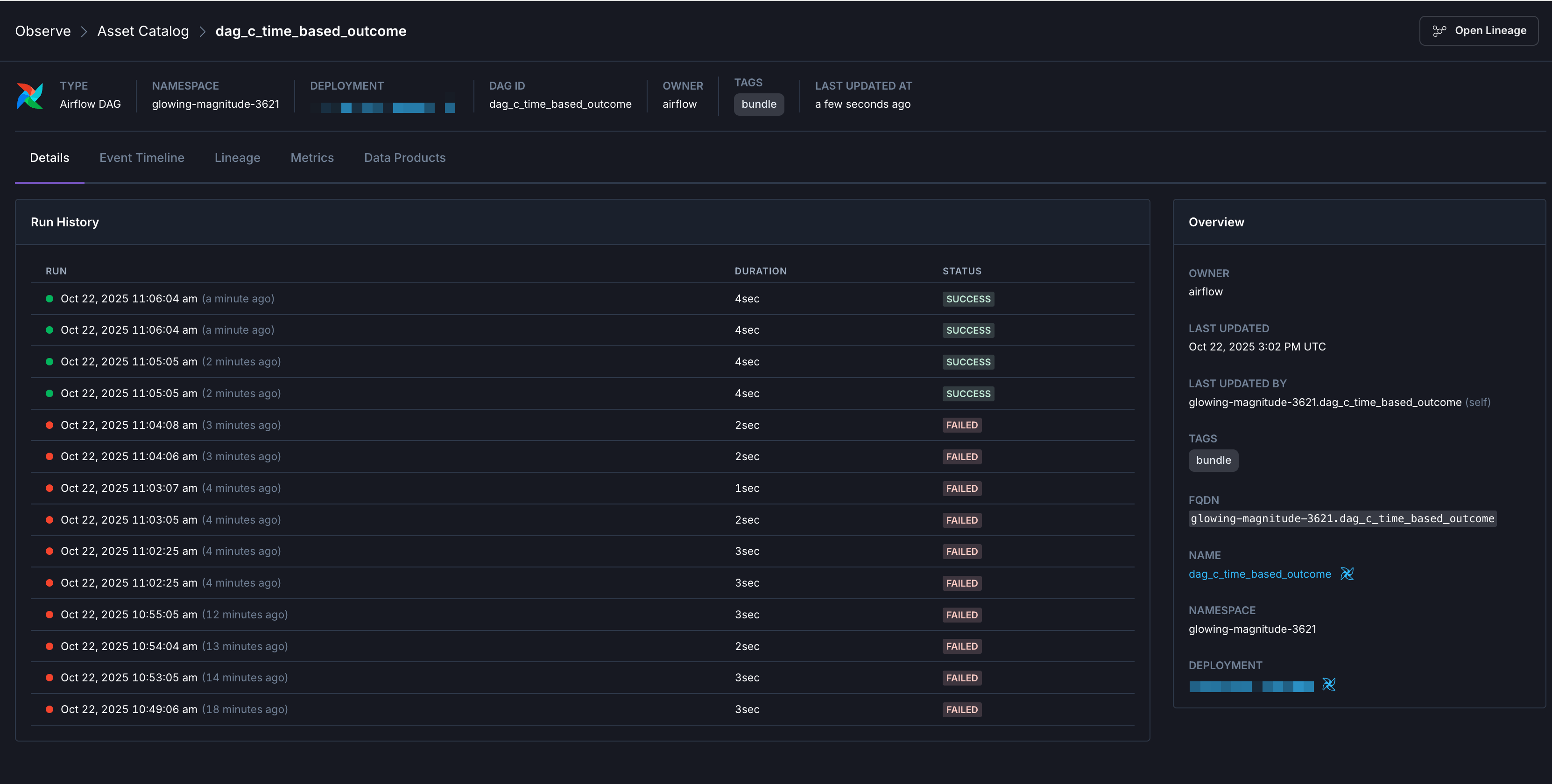 An example of the Observe dag run list.