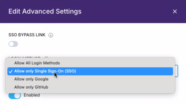 The Edit Advanced Settings dialog with "Allow only Single Sign-On (SSO)" selected in the Login Methods list.