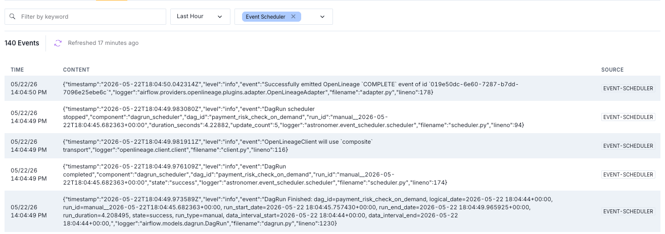 Event Scheduler logs in the Astro UI Logs tab