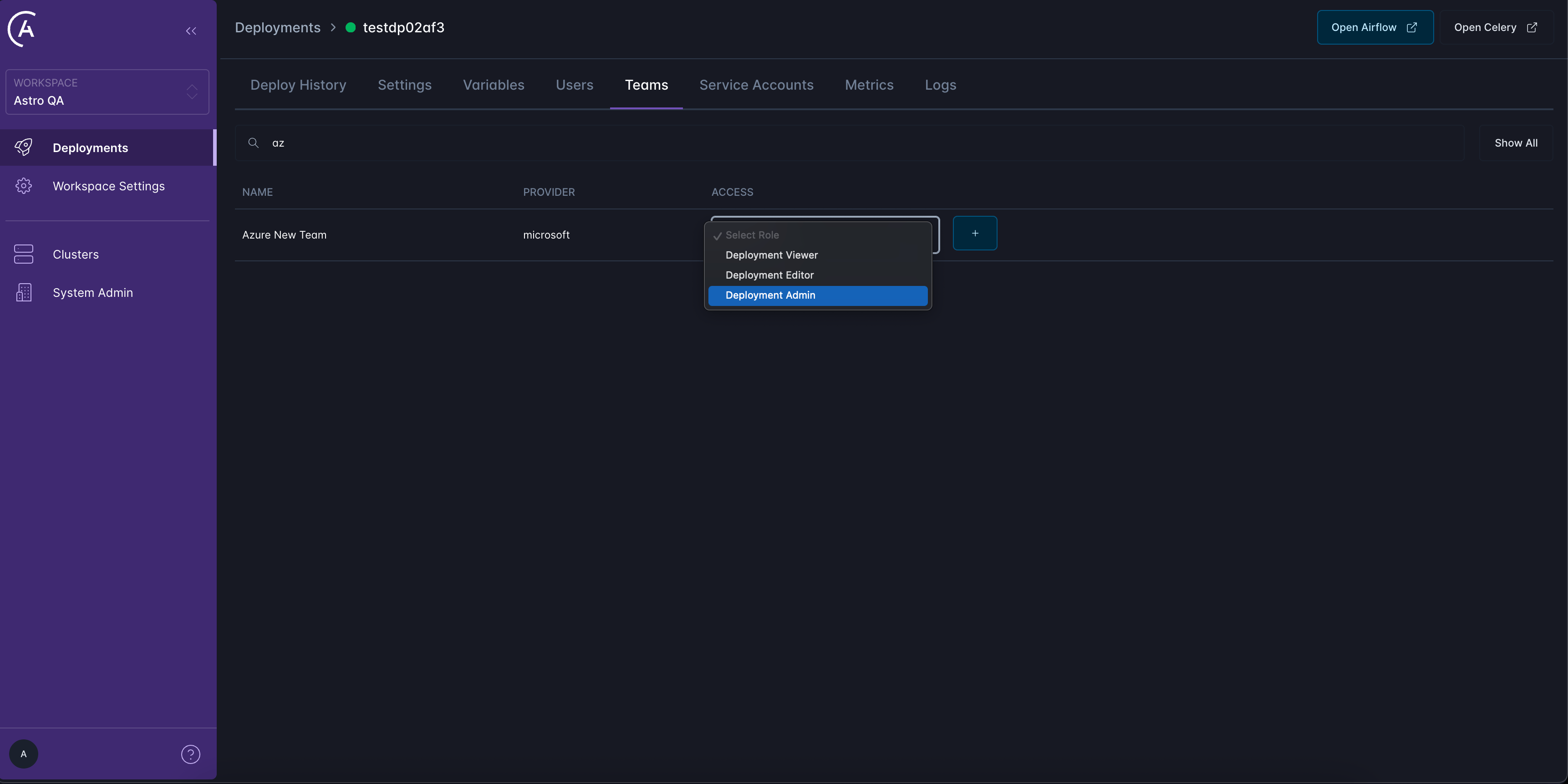 Screen for adding a Team to a Deployment