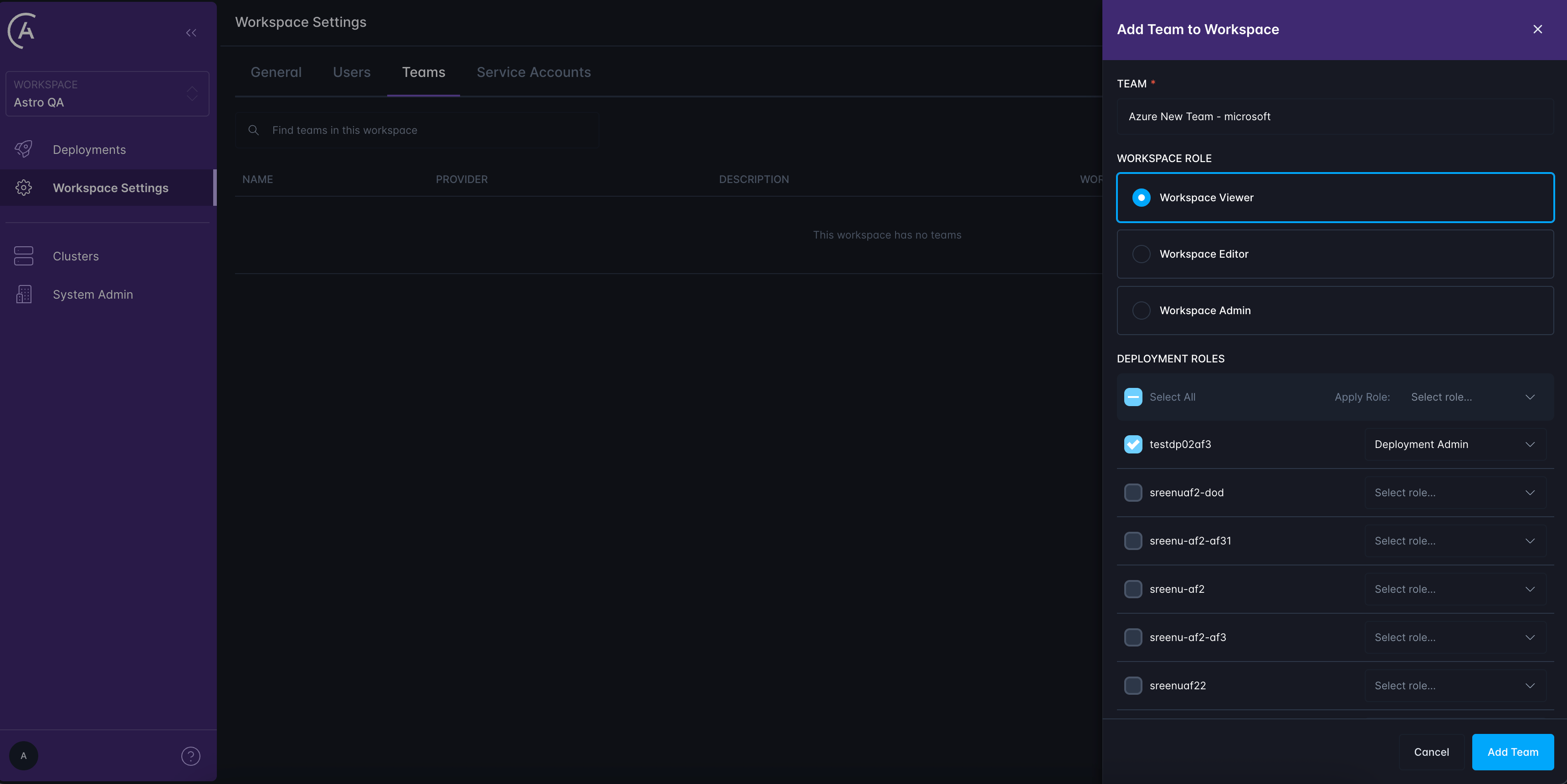 Screen for adding a Team to a Workspace