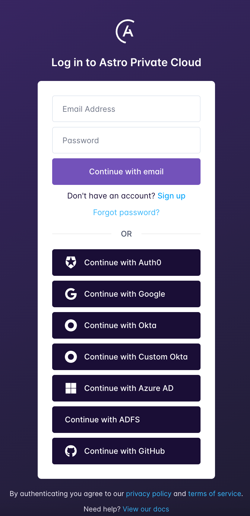 Custom sign-in button on the Astronomer sign-in screen