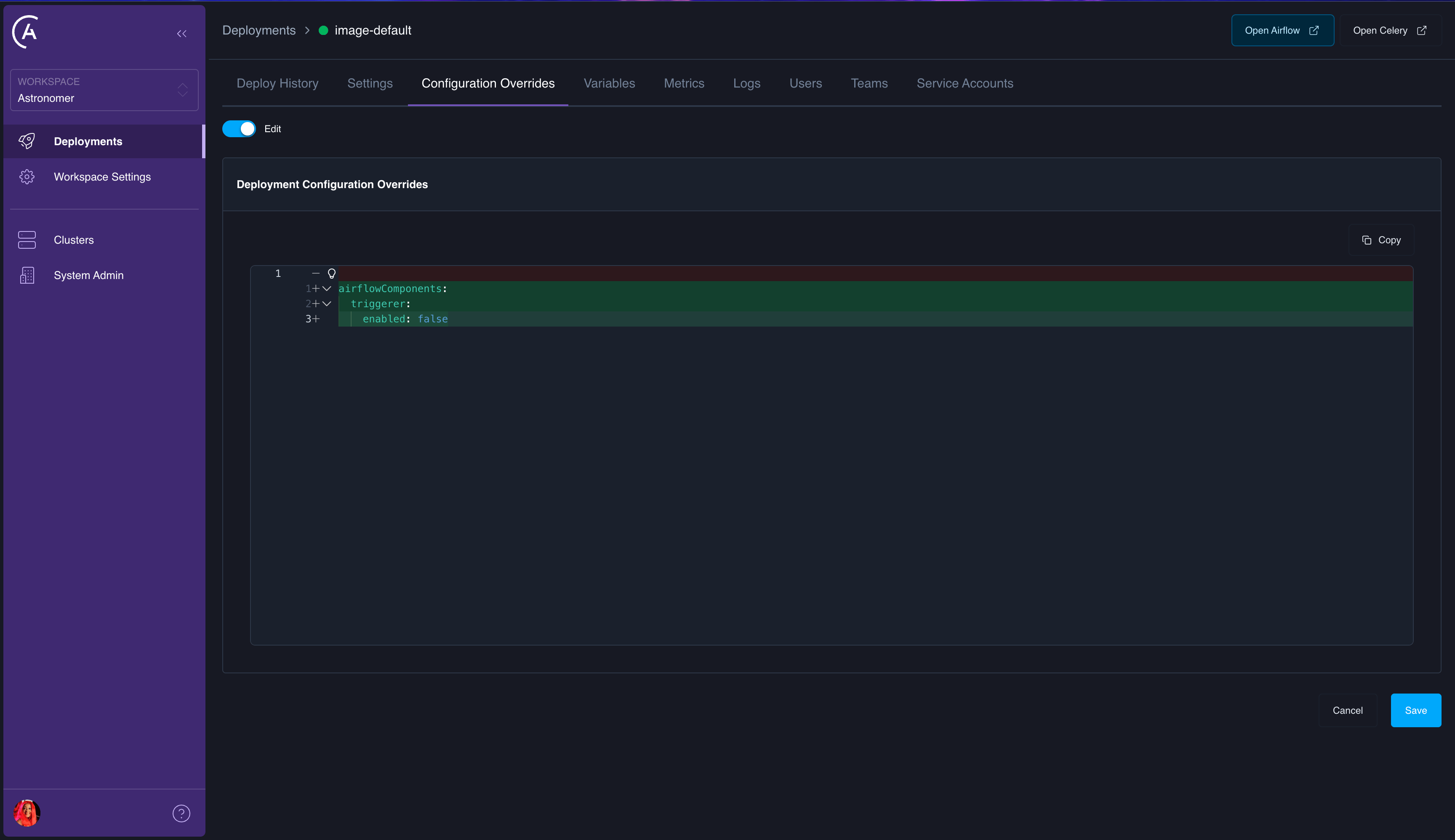 Deployment, Configuration tab, Configuration Override section open in the add / editor view.