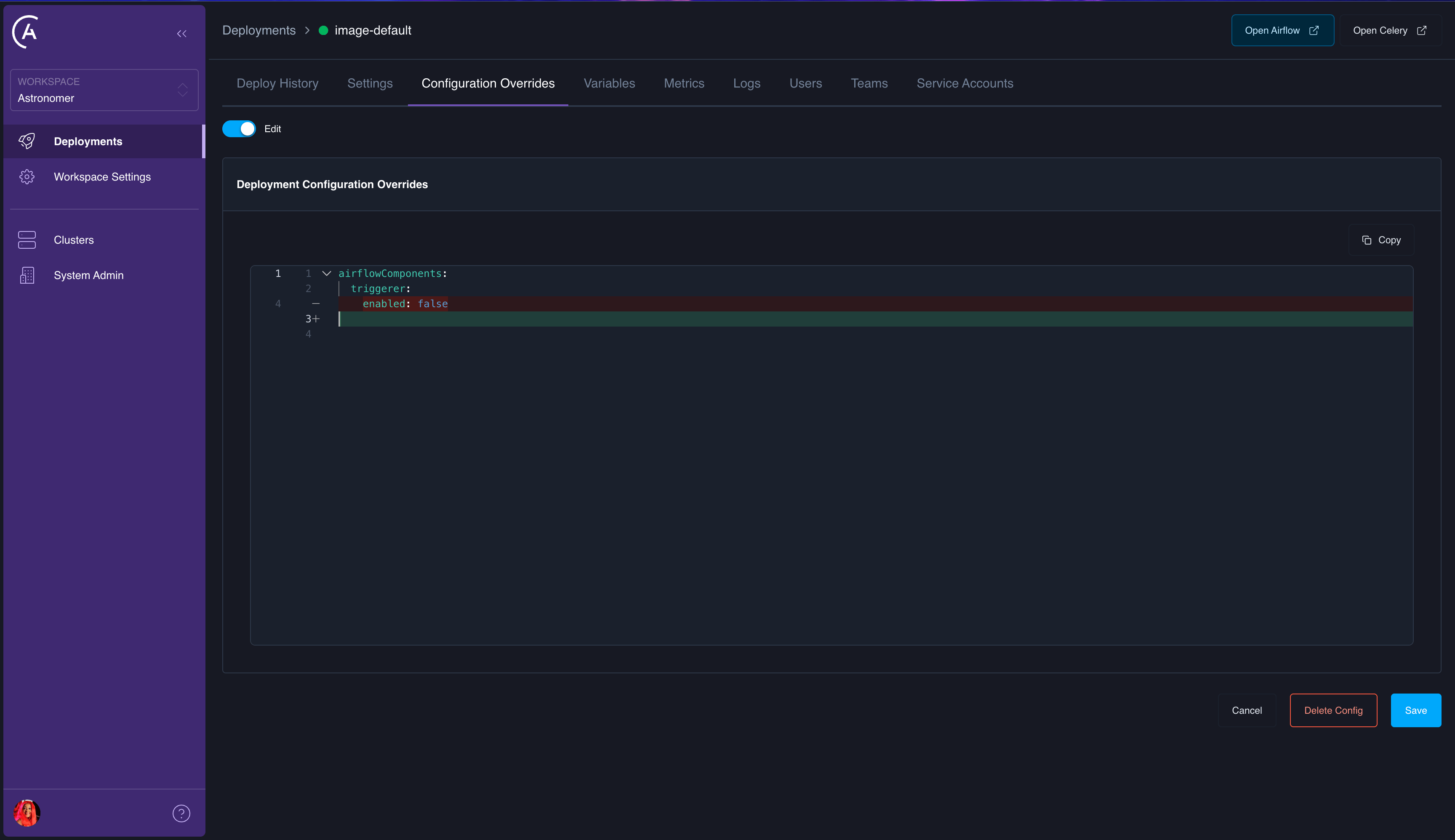 Deployment, Configuration tab, Configuration Override editor when removing a key from the override.