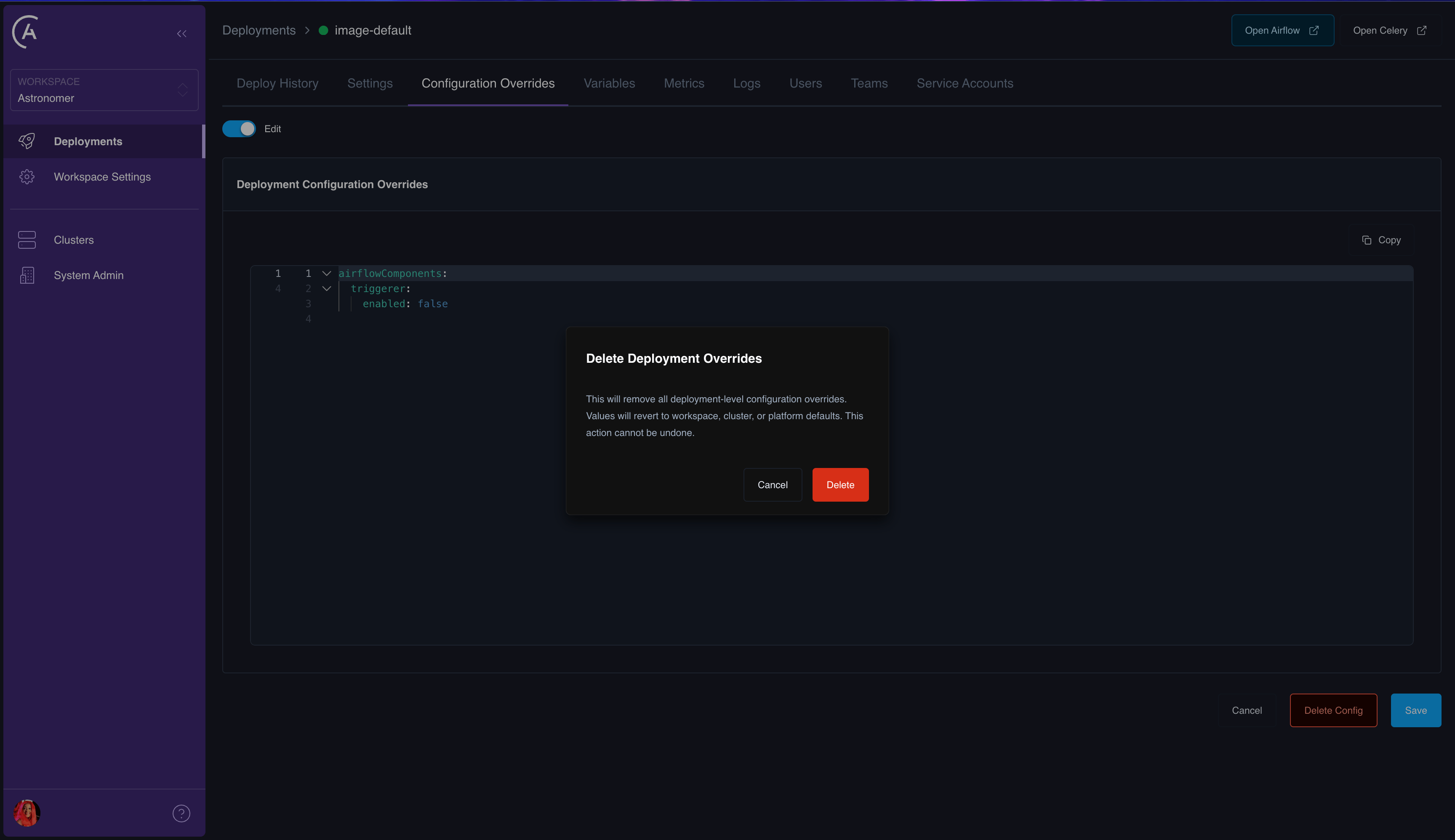 Deployment, Configuration tab, Configuration Override after choosing to remove all deployment-level overrides.