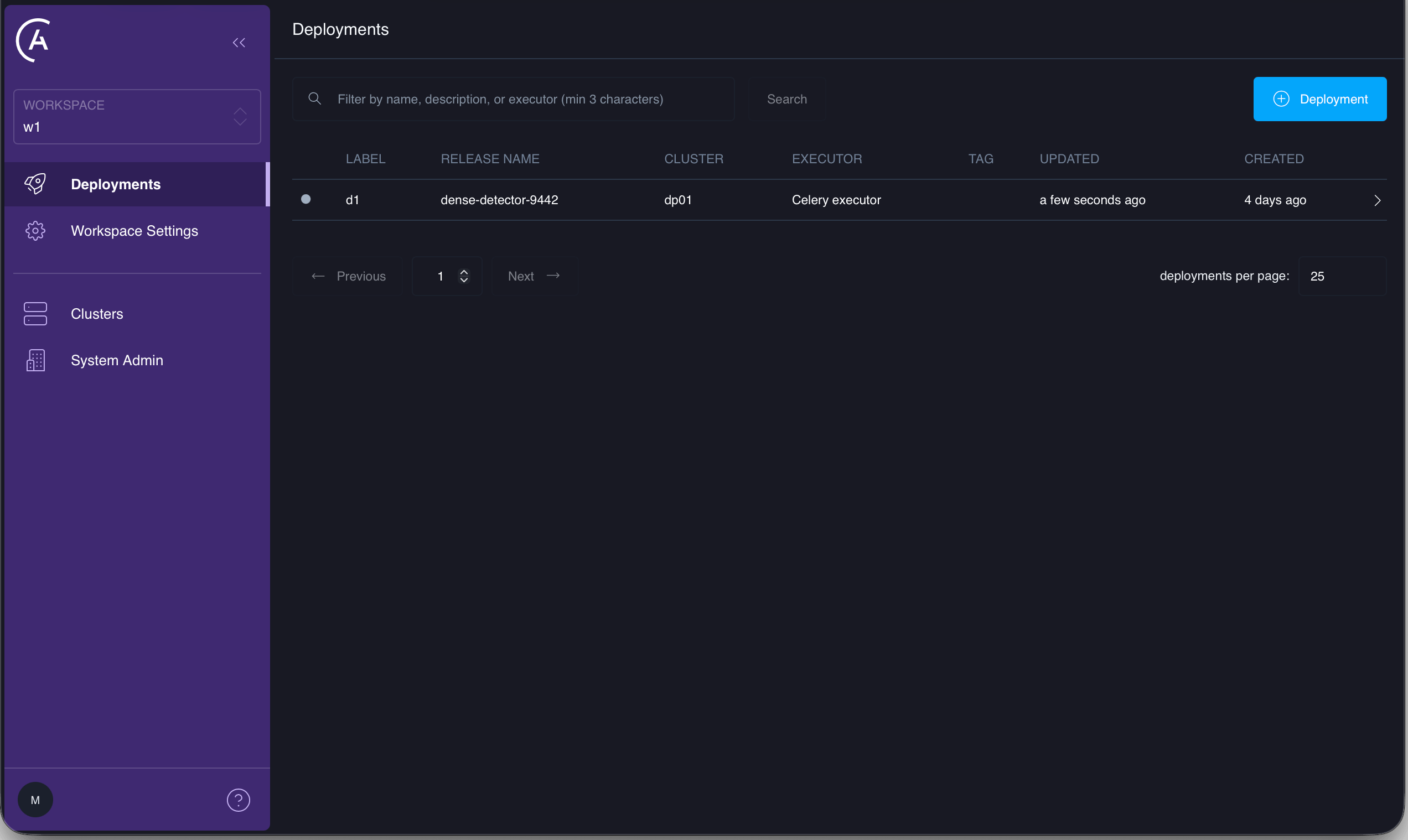 The Deployments tab in the Astro Private Cloud UI