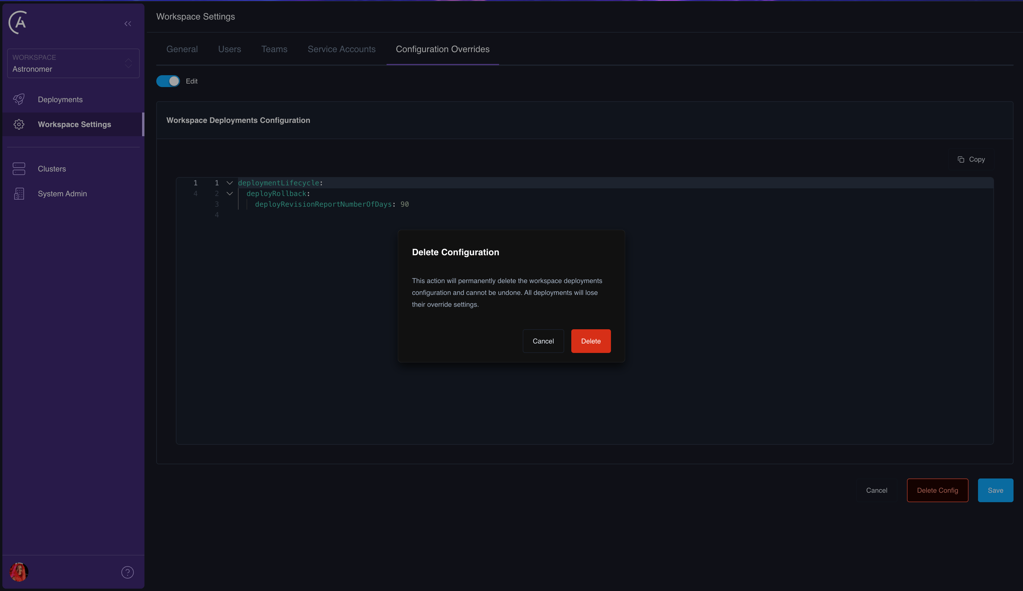 Workspace Settings, Configuration Overrides, showing the action to remove all workspace-level deployment overrides.