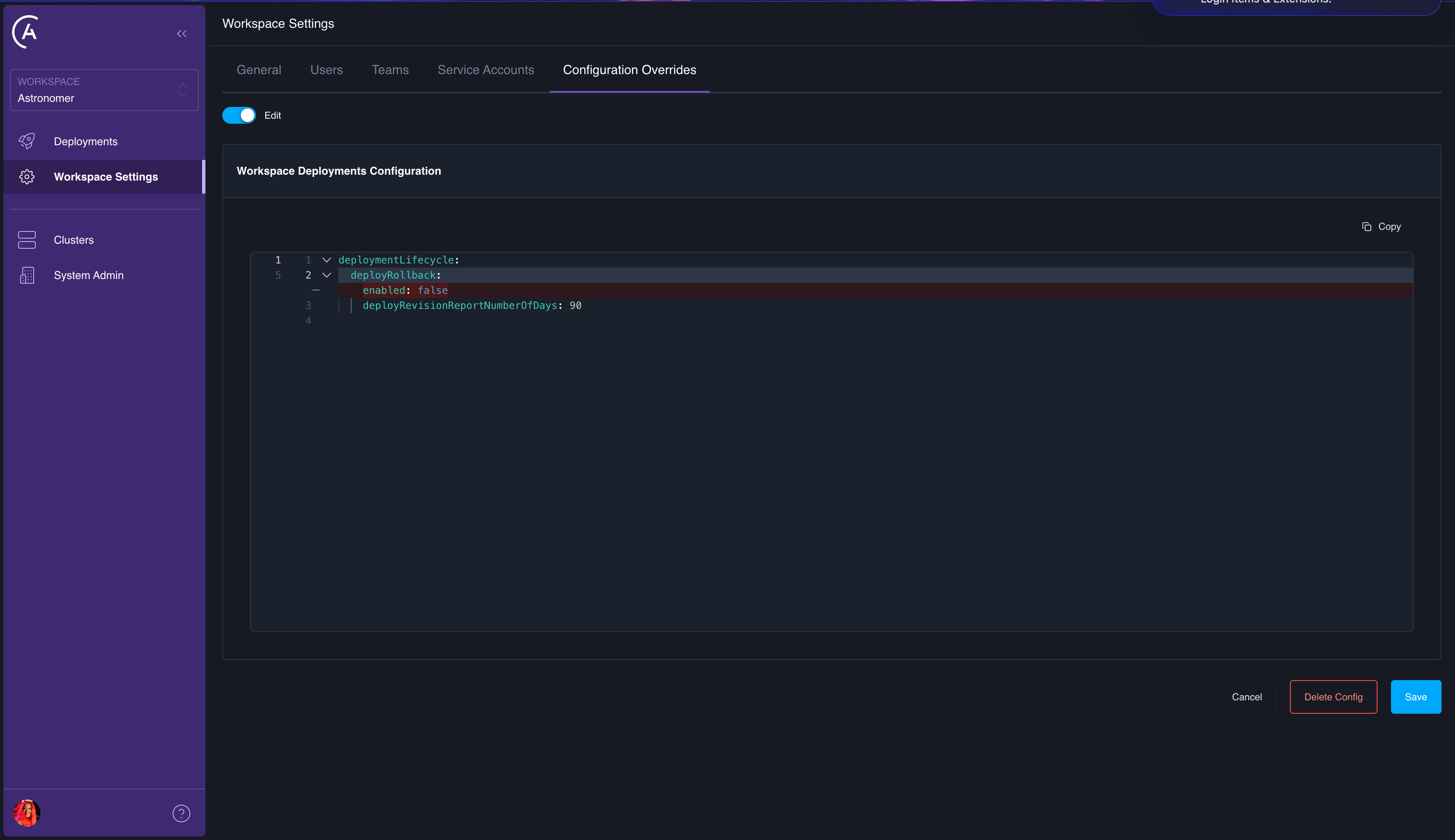 Workspace Settings, Configuration Overrides tab, with the Workspace Deployments Configuration YAML editor open when removing a specific key from the override.