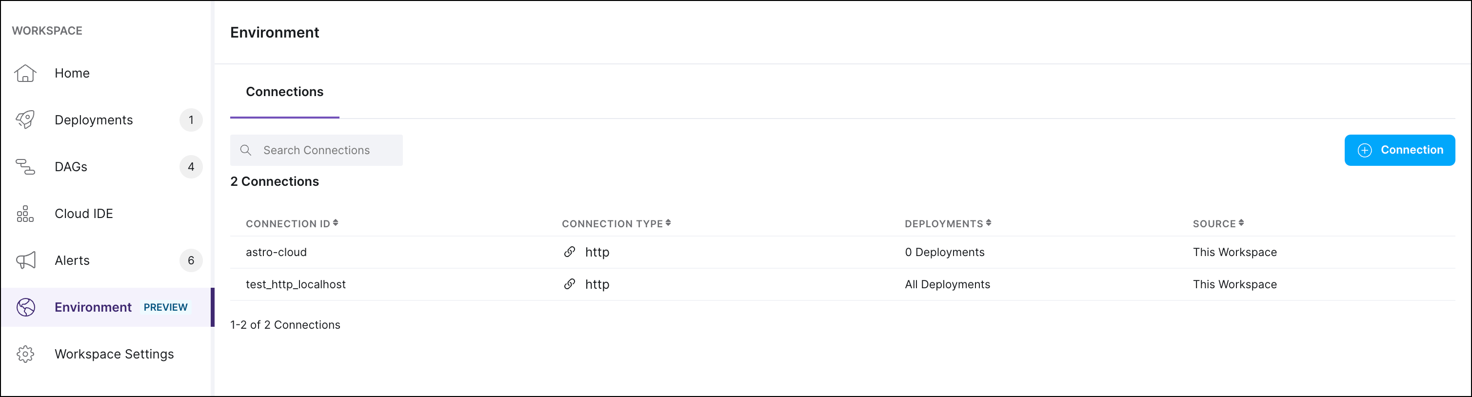 Example of the Connections tab in the Astro Environment Manager page