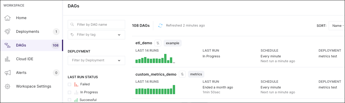 The Dags page in the Astro UI, showing summary information for two Dags
