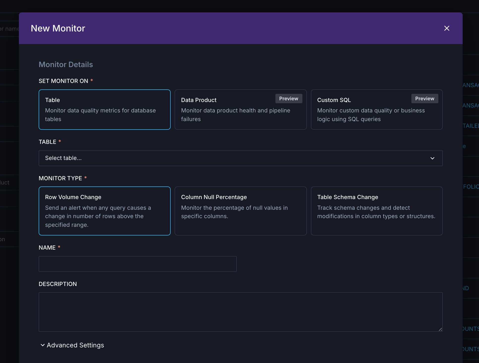 Data quality monitor creation
