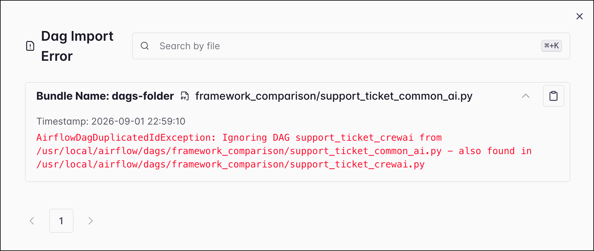 Dag Import Error panel showing an AirflowDagDuplicatedIdException traceback