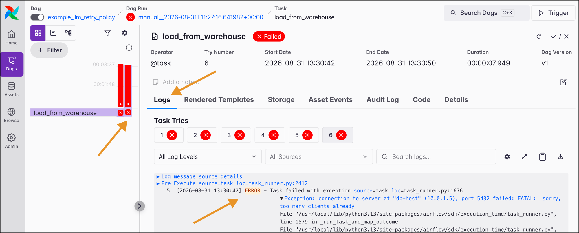 Grid view showing a failed task and its logs with the error that caused the failure