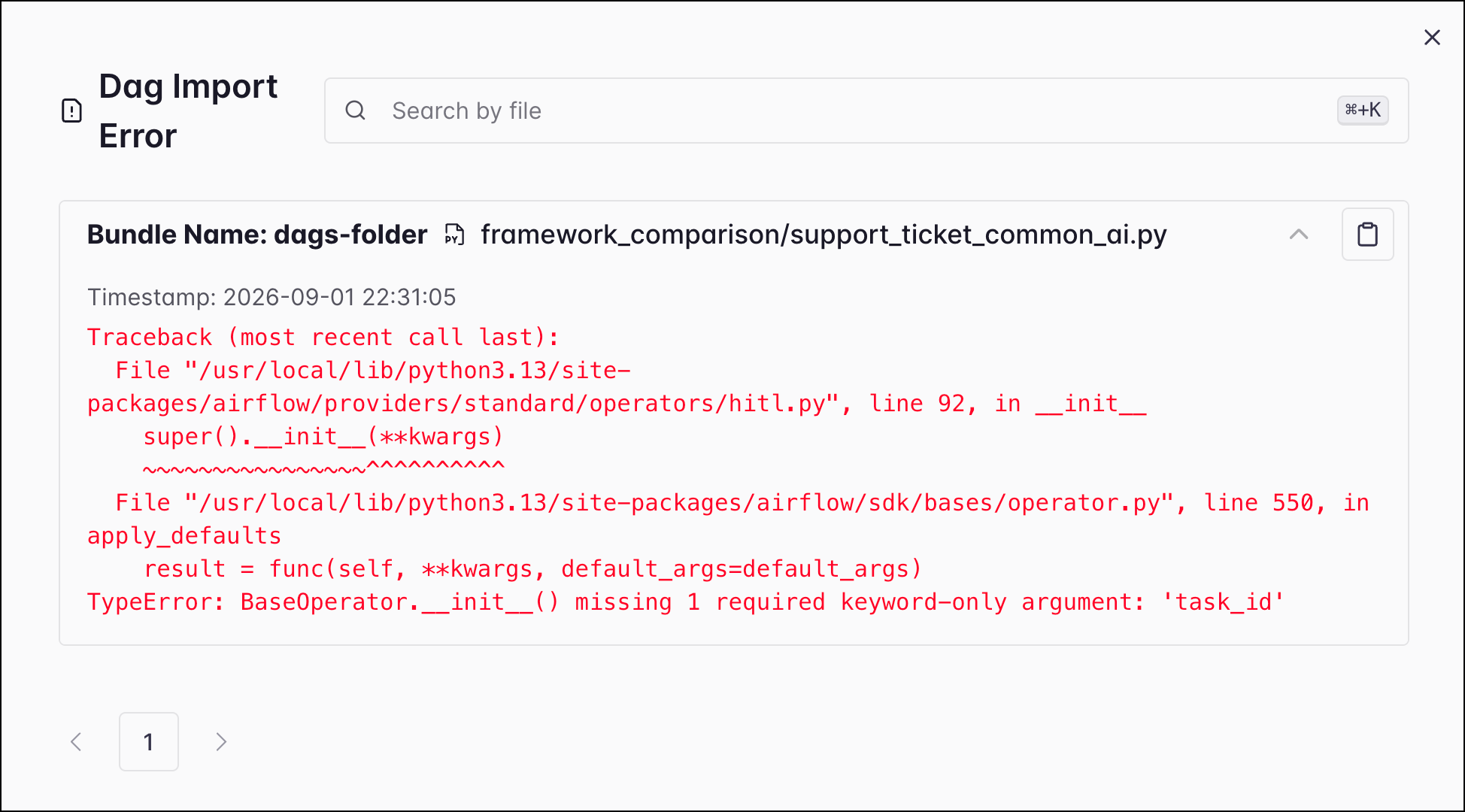 Dag Import Error panel showing a traceback for a missing task_id argument