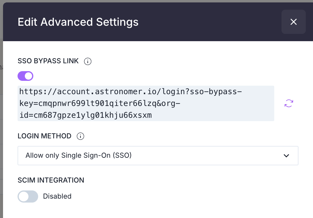 Edit Advanced Settings dialog with Allow only Single Sign-On (SSO) selected